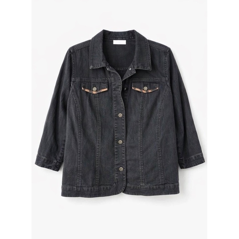 Chicos Black Denim Jacket Animal Print Trim 3/4 Sleeve Stretch Size 3 L XL